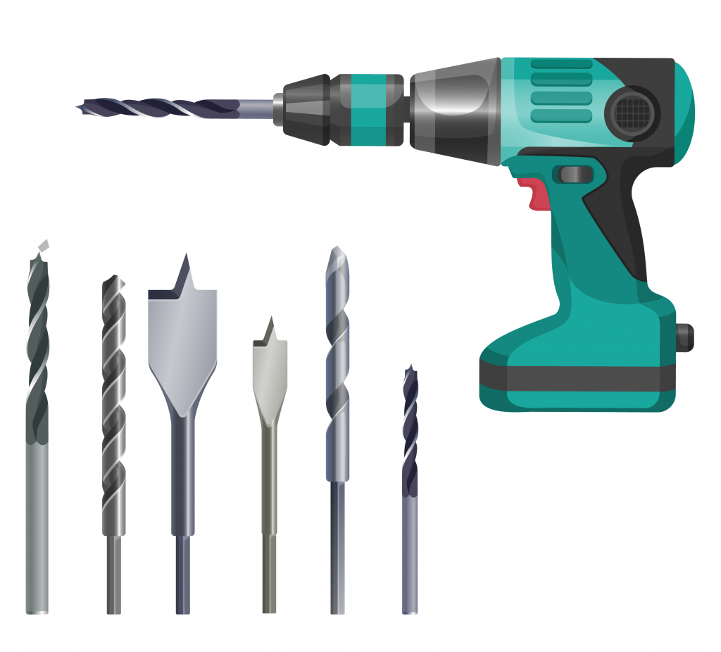 An illustration of a power drill and drill bits